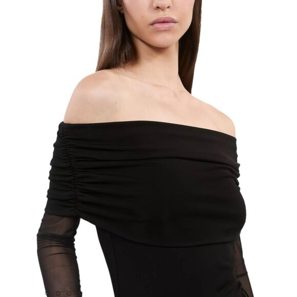NWT The kooples off shoulders black top with mesh long sleeves Size French 0 (US - Picture 2 of 12